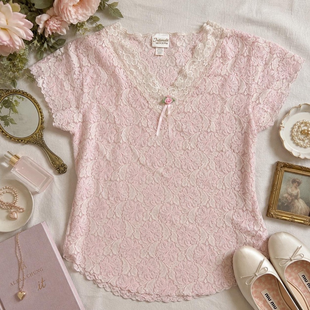 Vintage 90s Intimate Moods Pink Sheer Lace Coquette Top One Size Fits L XL